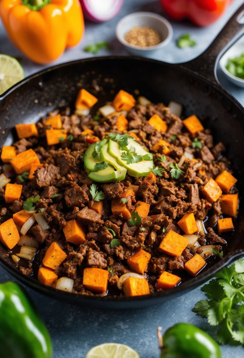 A sizzling skillet of beef and sweet potato taco filling, surrounded by colorful peppers, onions, and spices