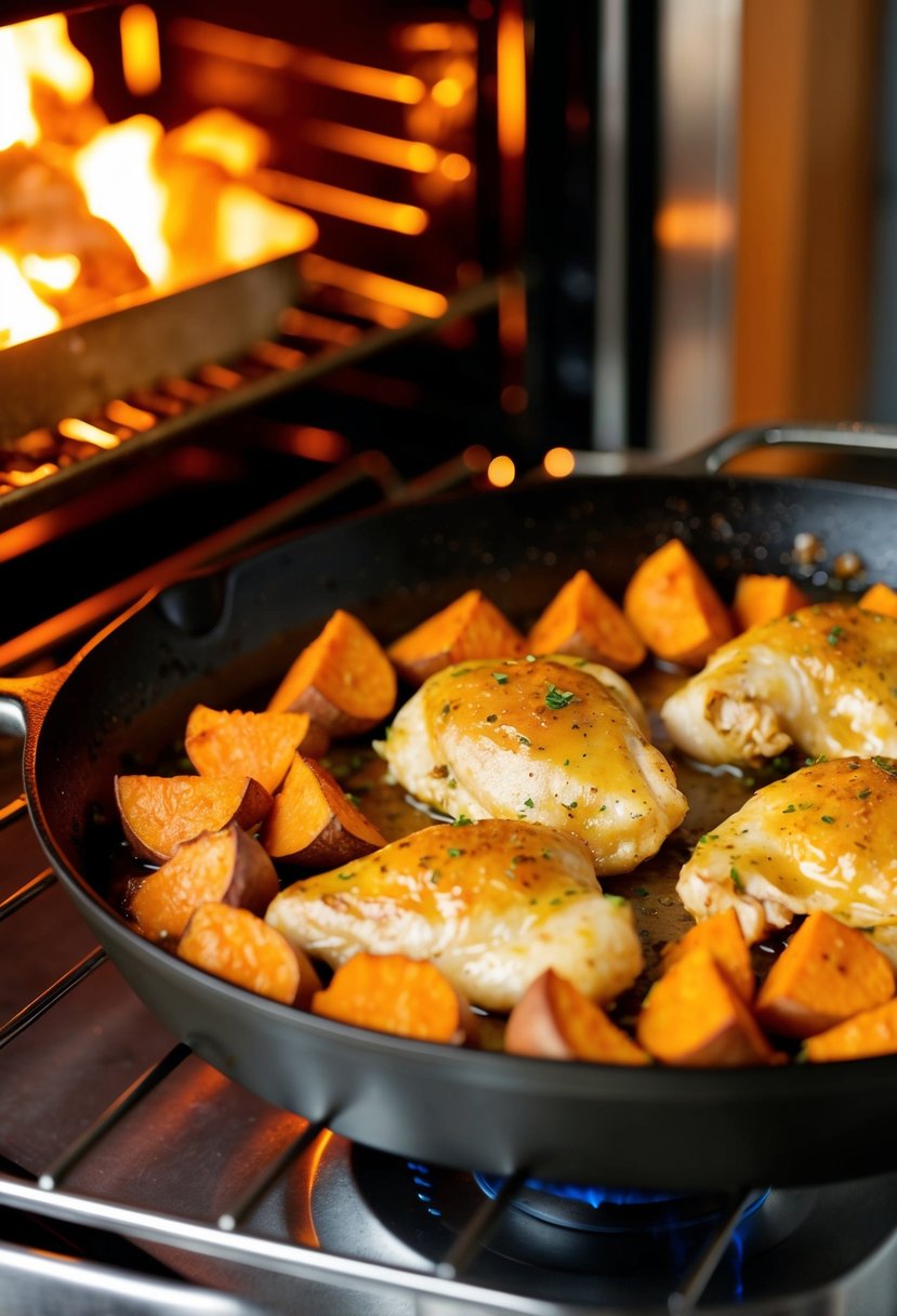 A sizzling skillet of honey garlic chicken and sweet potatoes roasting in the oven