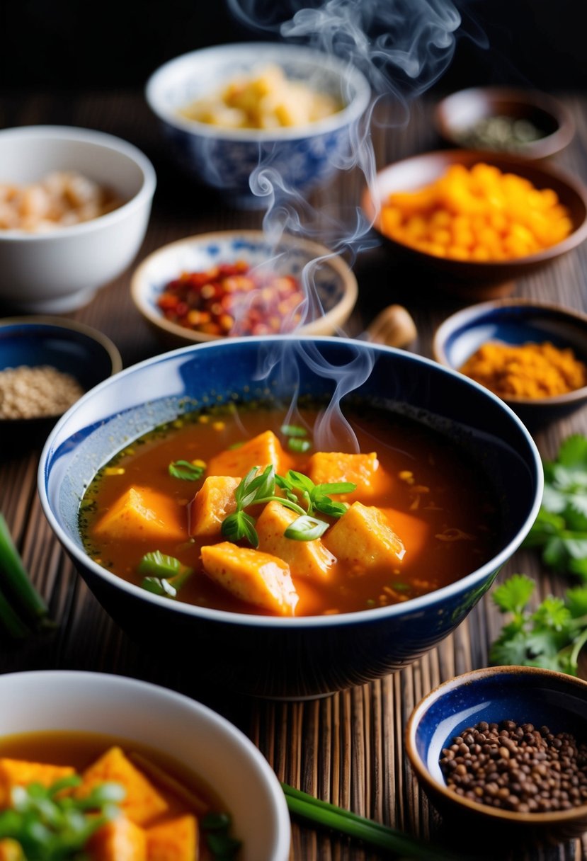 A steaming bowl of spicy Sichuan hot and sour soup surrounded by traditional Asian ingredients and spices