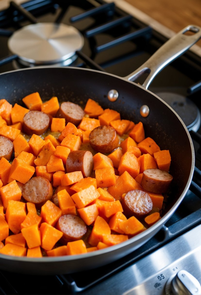 A skillet filled with diced sweet potatoes and sausage cooking together over a sizzling stovetop