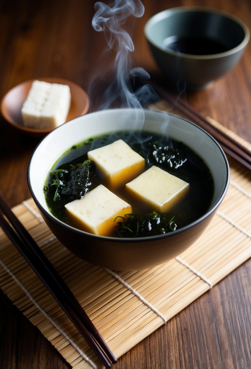 A steaming bowl of miso soup with floating seaweed and tofu, surrounded by chopsticks and a bamboo placemat on a wooden table