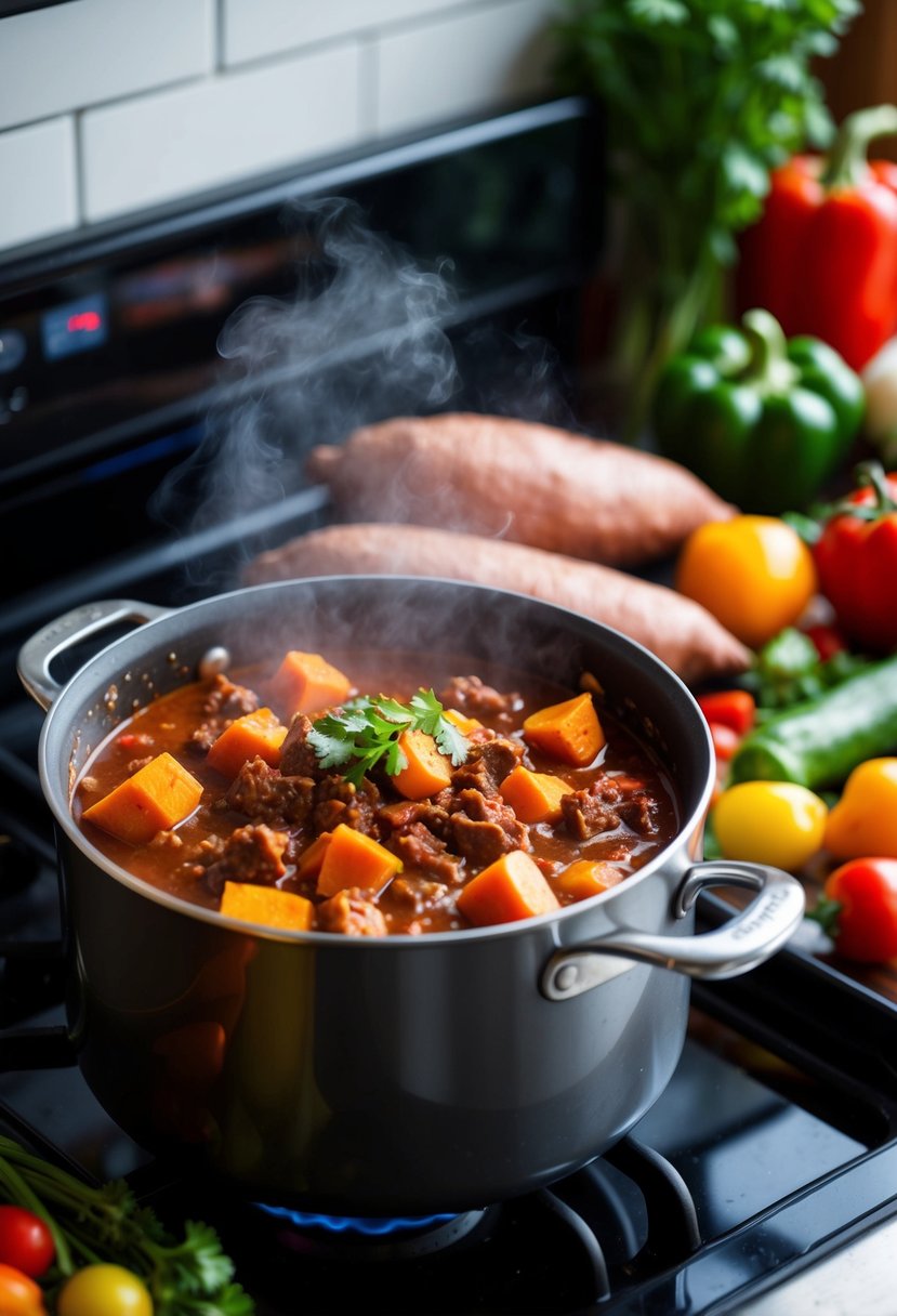 A steaming pot of sweet potato and beef chili simmers on a stove, surrounded by colorful vegetables and spices