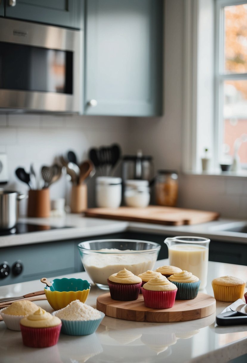 A kitchen counter with ingredients and utensils for making cupcakes