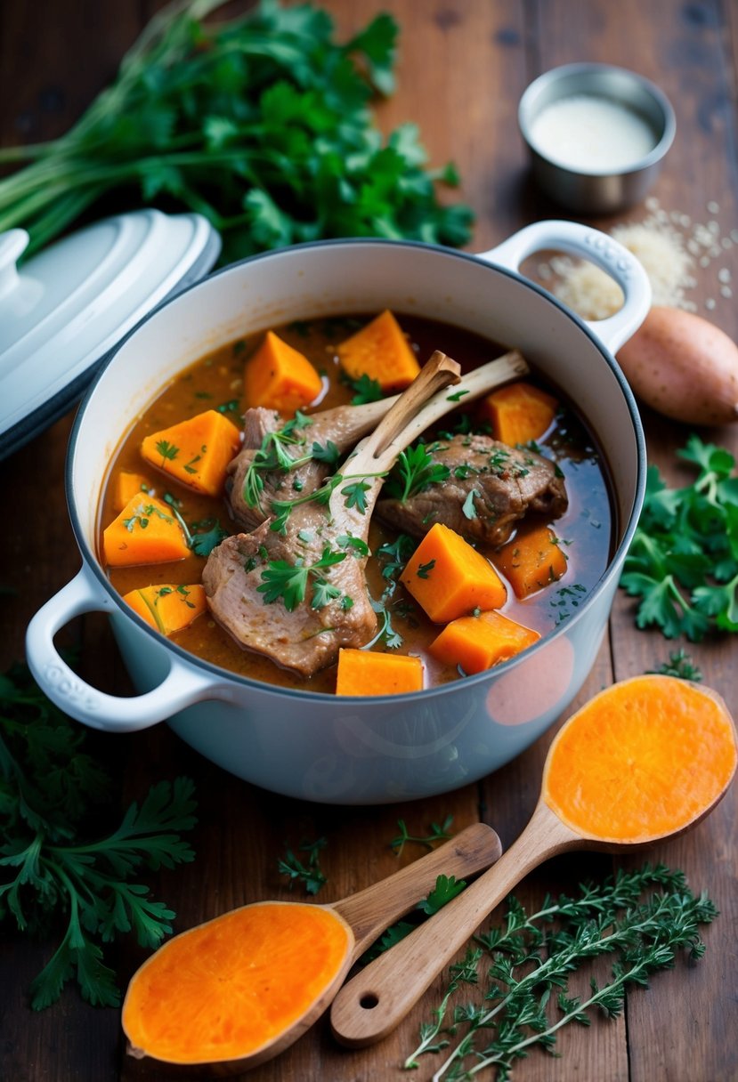 A steaming pot of lamb and sweet potato stew, surrounded by fresh herbs and spices