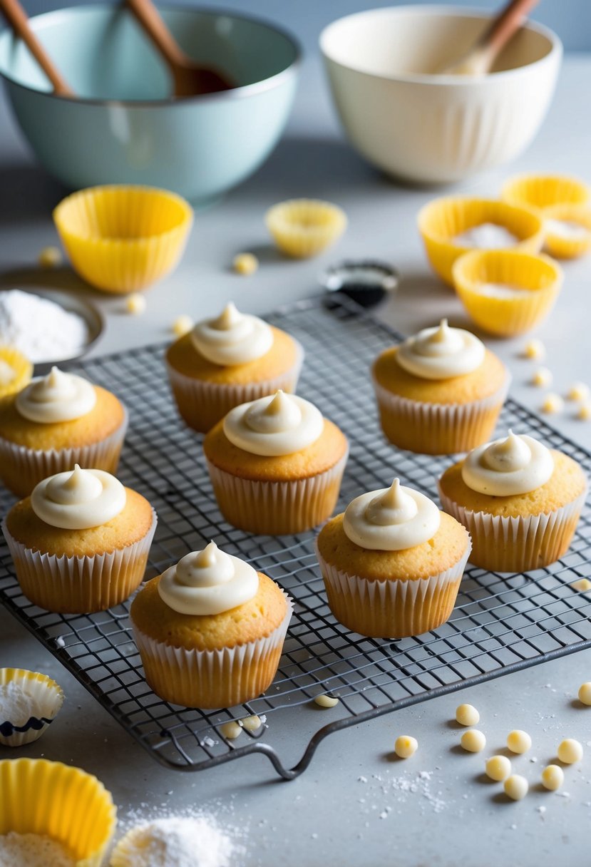 A batch of classic vanilla cupcakes cooling on a wire rack, surrounded by scattered ingredients and a mixing bowl