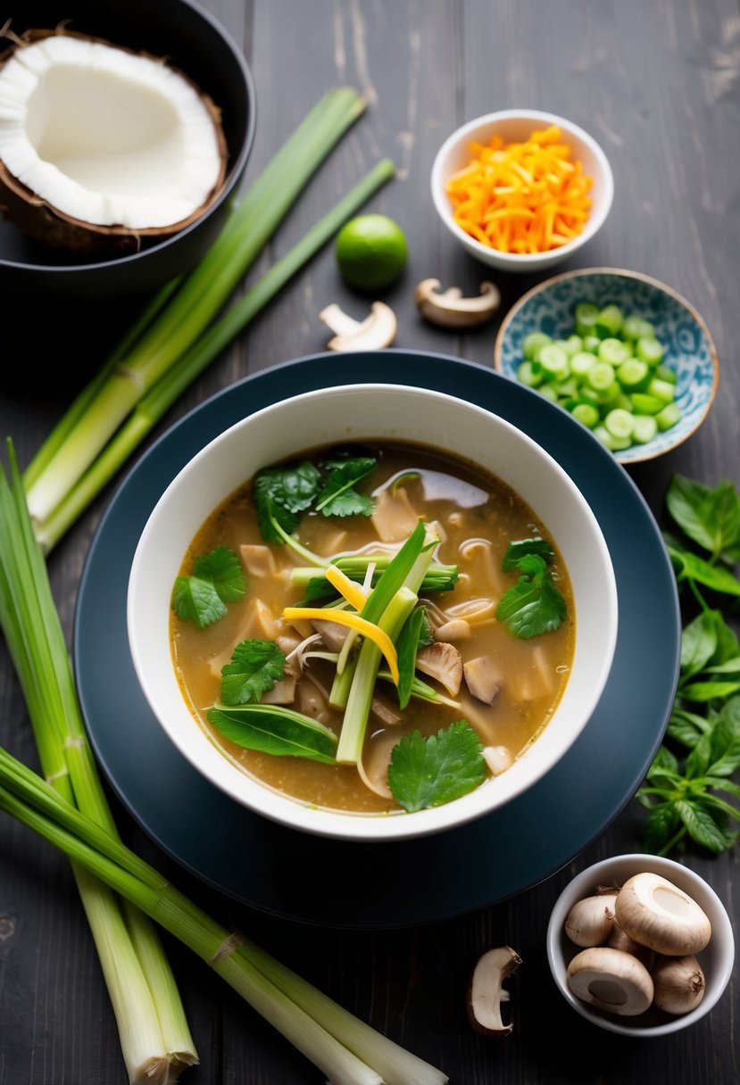 A steaming bowl of Tom Kha Gai soup surrounded by ingredients like lemongrass, mushrooms, and coconut milk