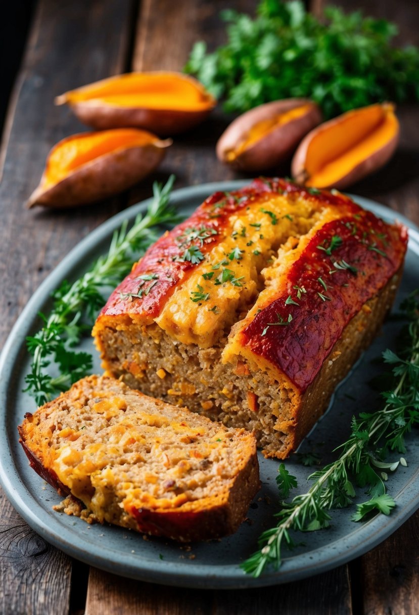 A golden-brown meatloaf sits on a rustic wooden table, surrounded by roasted sweet potatoes and fresh herbs