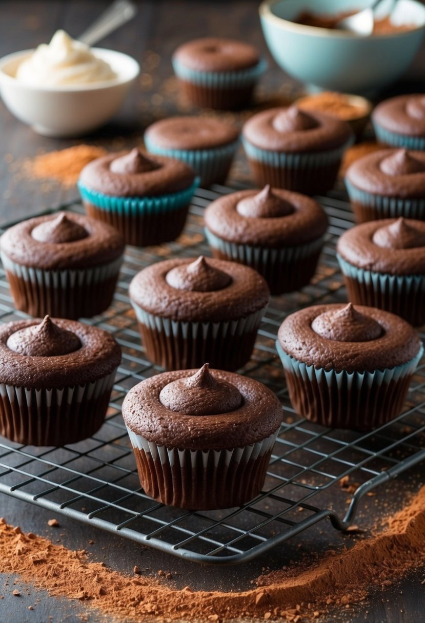 A tray of moist chocolate cupcakes cooling on a wire rack, surrounded by scattered cocoa powder and a bowl of creamy frosting