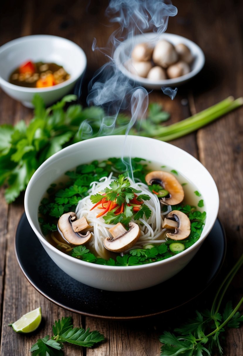 A steaming bowl of Pho Chay with mushrooms, surrounded by fresh herbs and spices, sits on a rustic wooden table