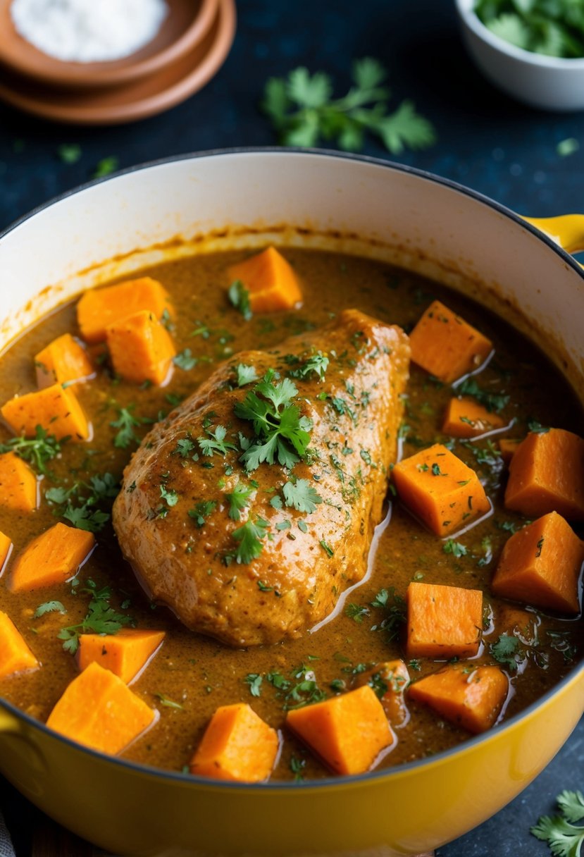 A simmering pot of pork and sweet potato curry with aromatic spices and herbs