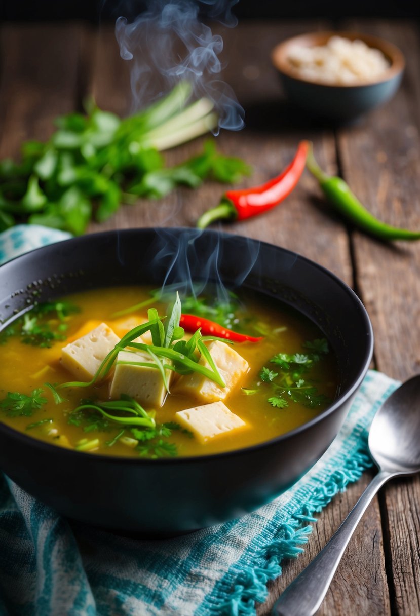 A steaming bowl of spicy lemongrass tofu soup with vibrant green herbs and chili peppers, set on a rustic wooden table