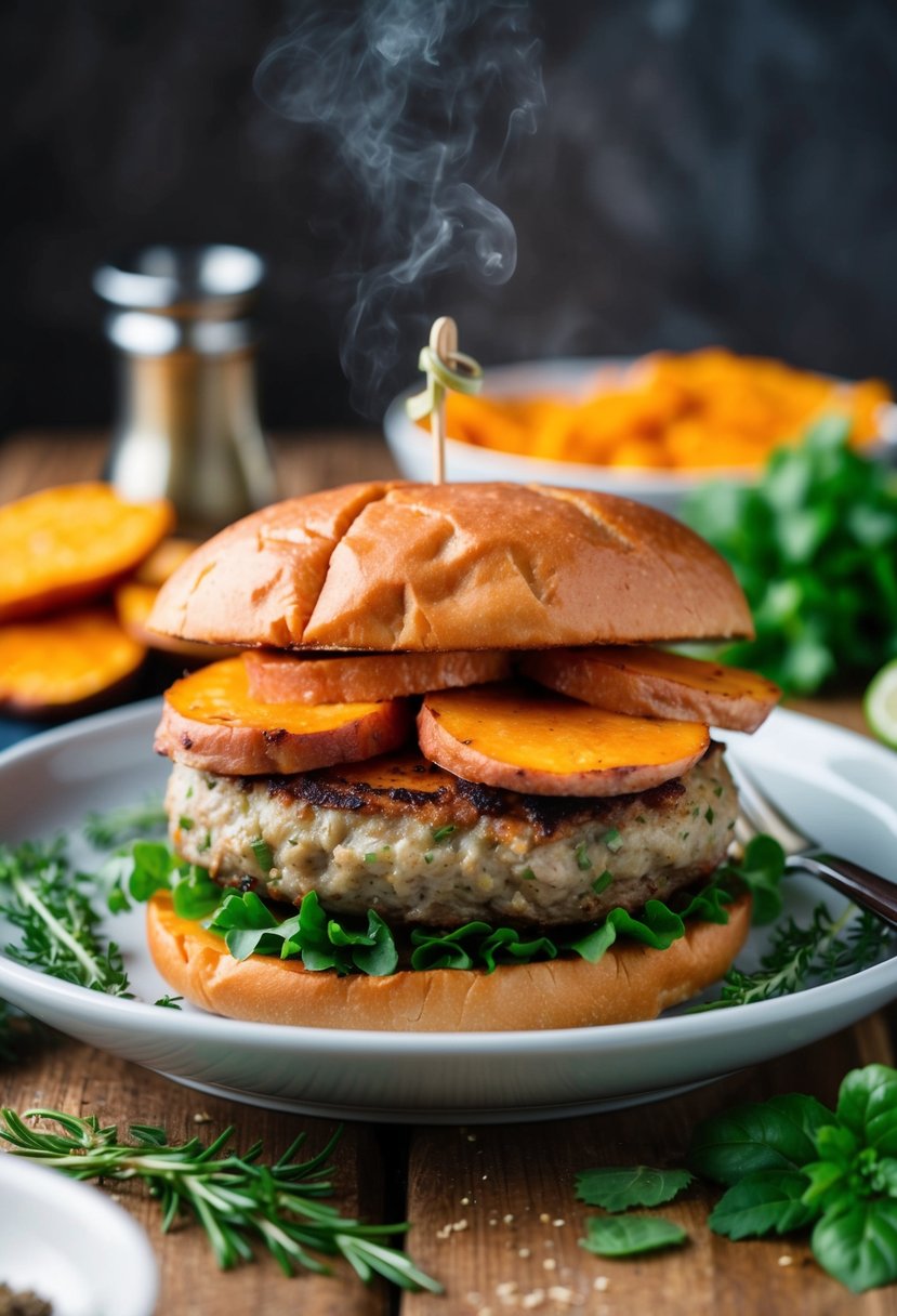 A sizzling turkey burger topped with sweet potato slices, surrounded by fresh herbs and spices