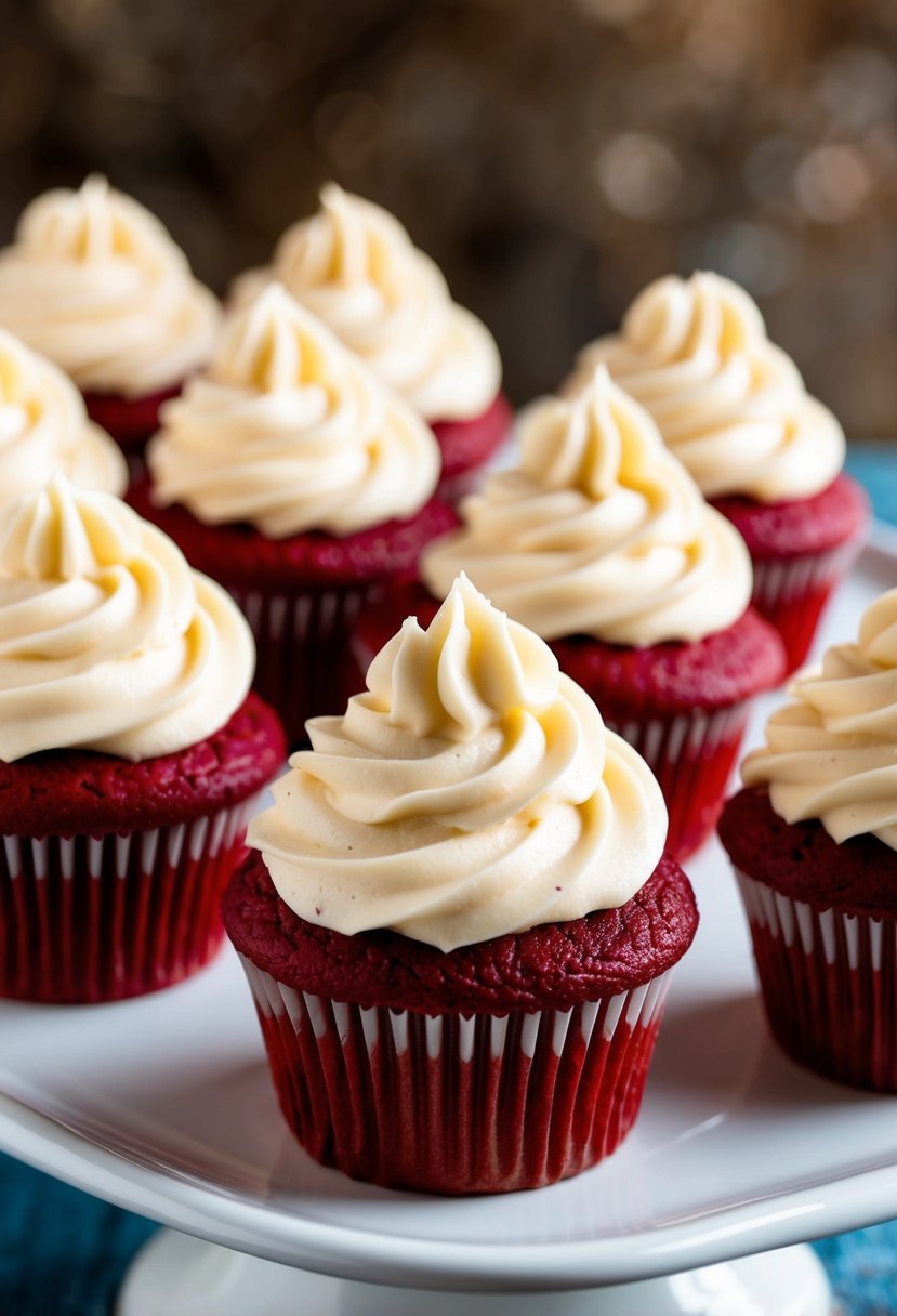 A batch of red velvet cupcakes topped with creamy swirls of cream cheese frosting on a white serving platter