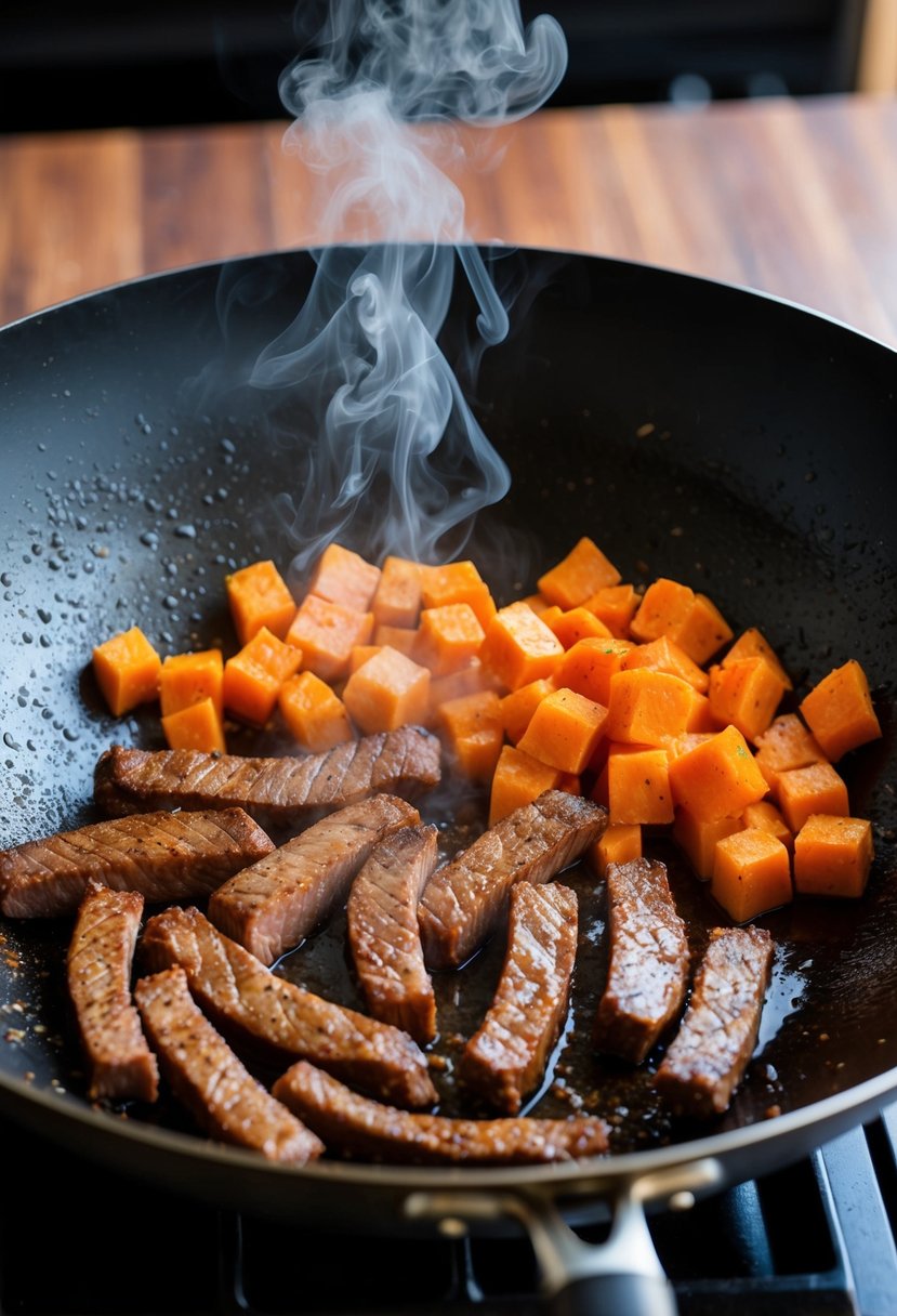 Sizzling beef strips and diced sweet potatoes cooking in a wok over high heat. Steam rising, vibrant colors