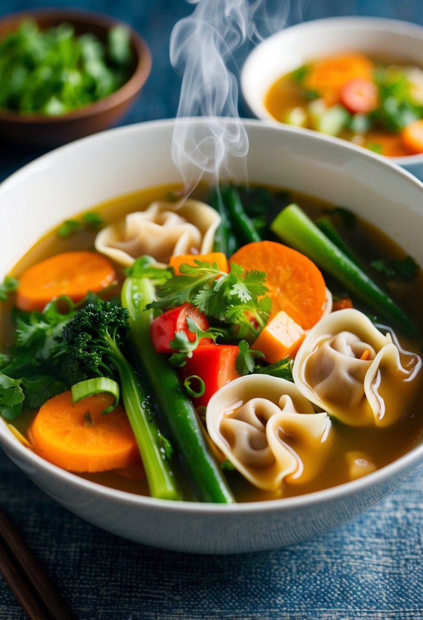 A steaming bowl of vegan wonton soup with colorful vegetables and savory broth