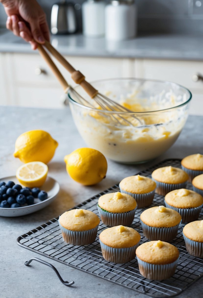 A bowl of batter being mixed, lemons and blueberries on the counter, and a tray of freshly baked cupcakes cooling on a wire rack