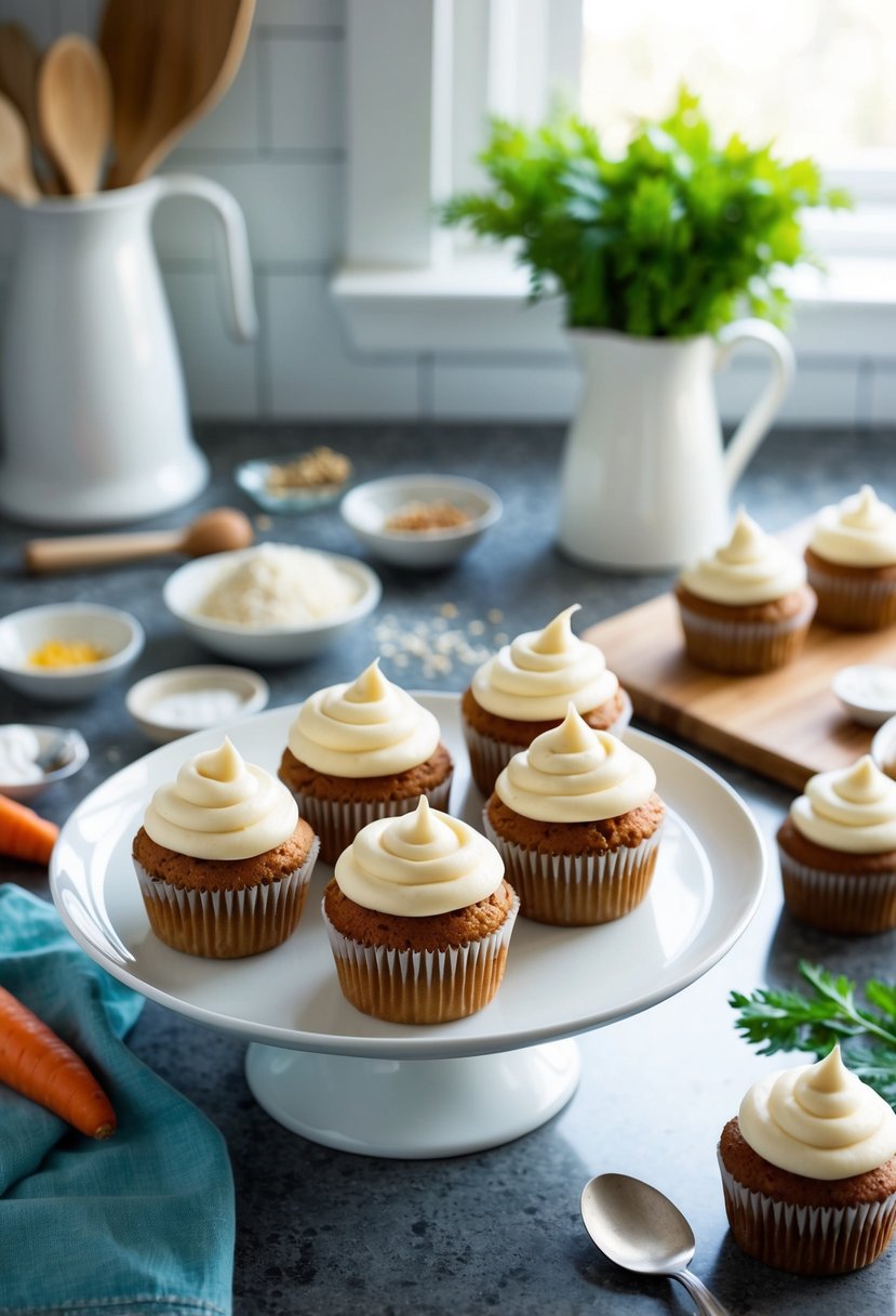 A kitchen counter with a plate of carrot cake cupcakes topped with cream cheese frosting, surrounded by scattered baking ingredients and utensils