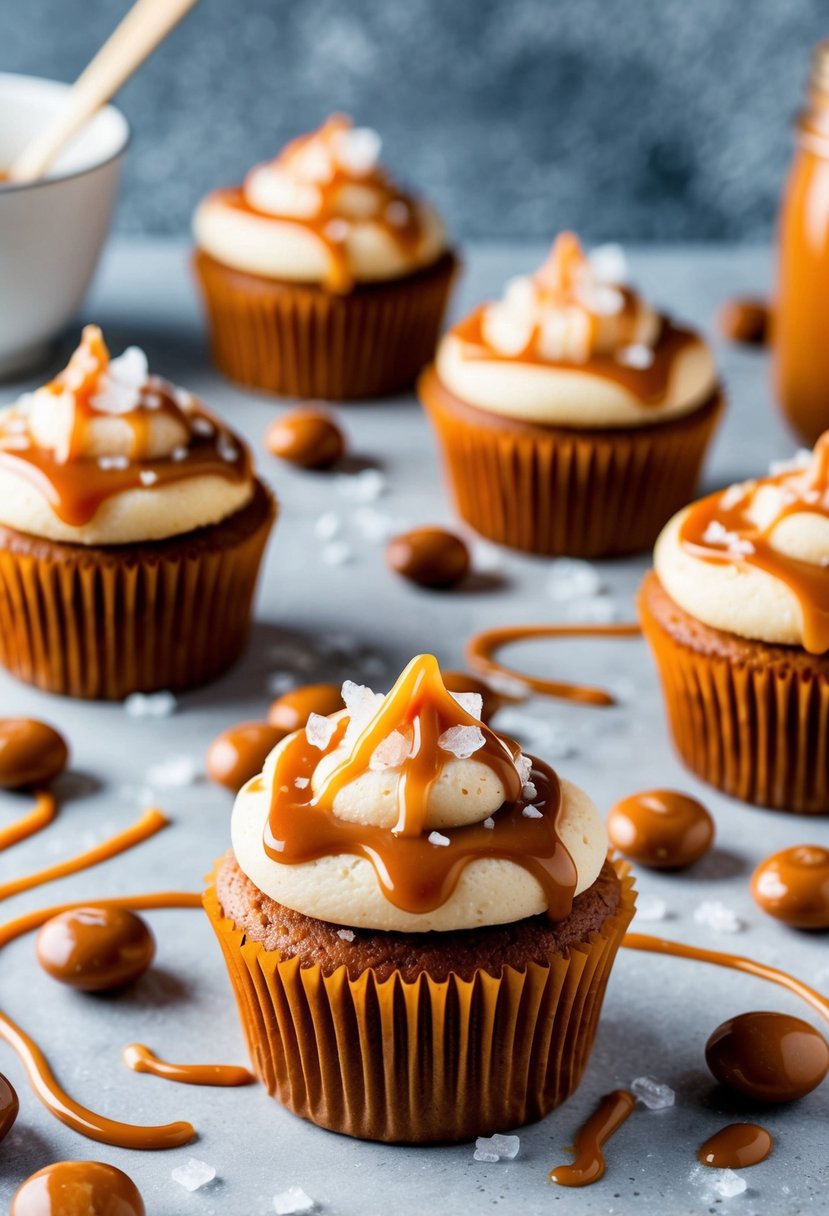 A plate of salted caramel cupcakes with caramel drizzle and sea salt flakes on top, surrounded by scattered caramel candies and a caramel sauce drizzle