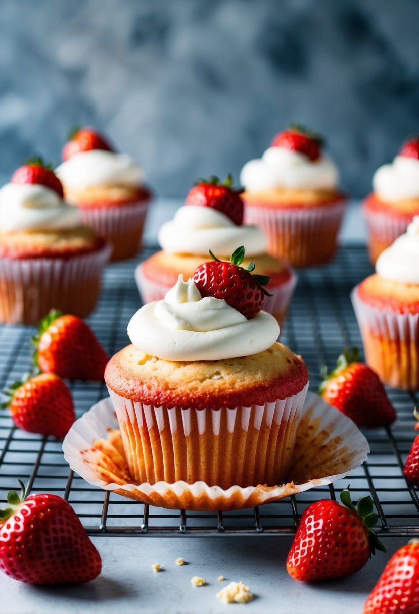 Freshly baked strawberry shortcake cupcakes cooling on a wire rack, surrounded by scattered strawberries and a dollop of whipped cream