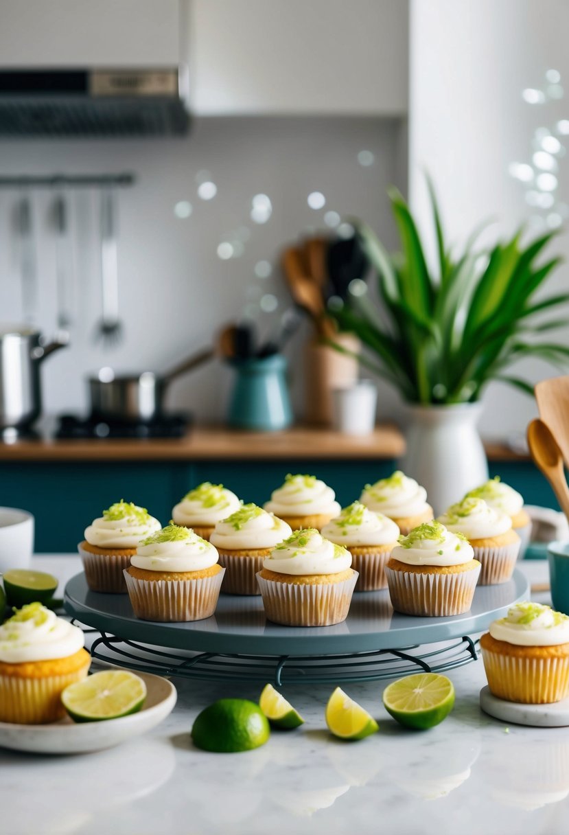 A kitchen counter with a tray of freshly baked coconut lime cupcakes, surrounded by ingredients and utensils