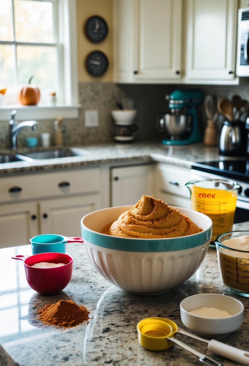 A kitchen counter with a mixing bowl, measuring cups, and ingredients for pumpkin spice cupcakes