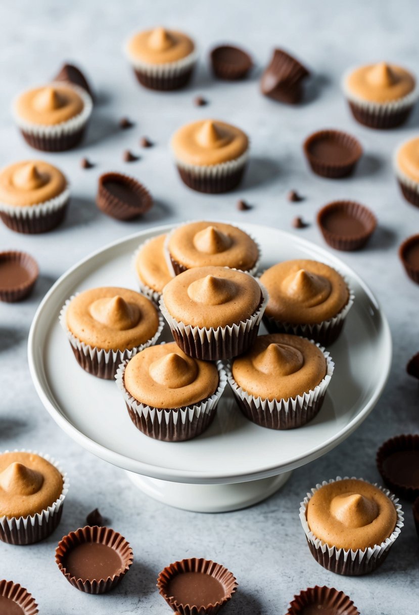 A plate of peanut butter cup cupcakes surrounded by scattered chocolate and peanut butter cups