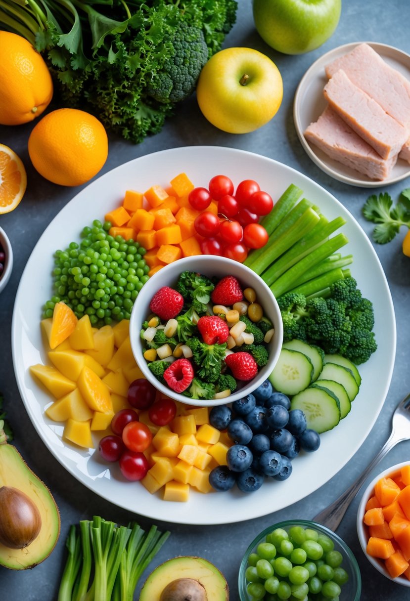 A colorful array of fresh fruits, vegetables, and lean proteins arranged on a plate, representing a healthy lunch option for the Noom diet plan