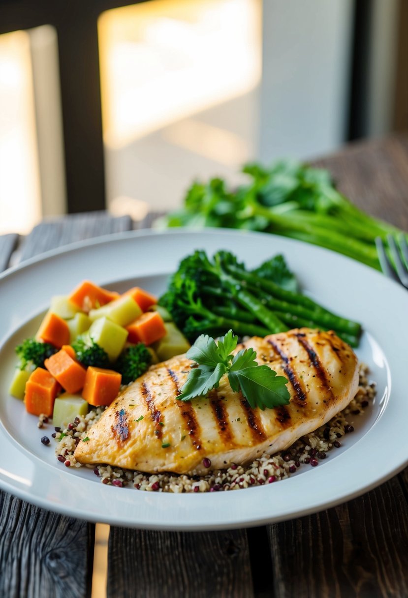 A plate with grilled chicken, quinoa, and steamed vegetables