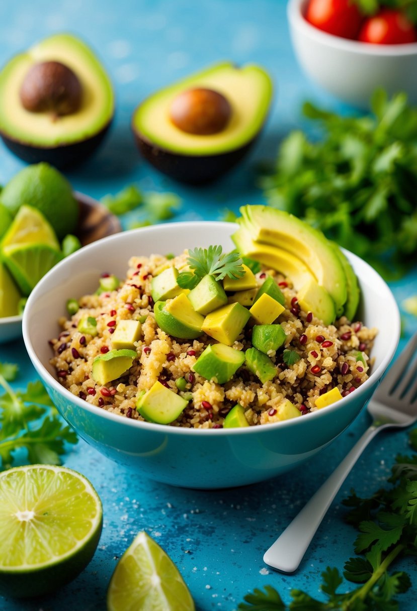 A vibrant bowl of zesty quinoa salad with avocado, surrounded by fresh ingredients and a noom diet plan recipe book