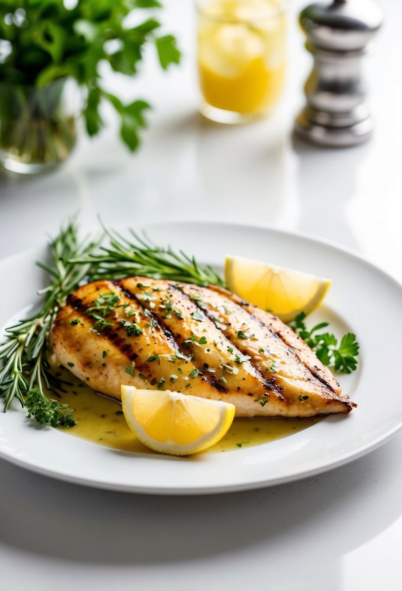 A sizzling grilled chicken breast with fresh herbs and lemon wedges on a clean white plate