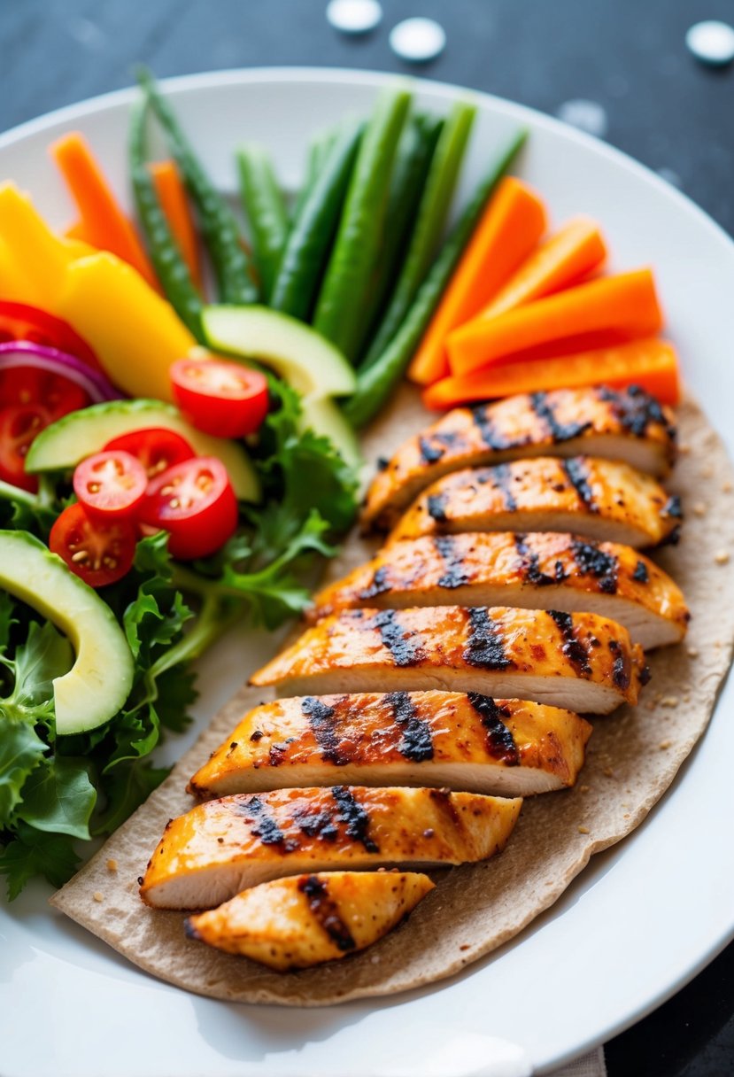 A colorful array of grilled chicken, vibrant veggies, and a whole wheat wrap arranged on a clean, white plate