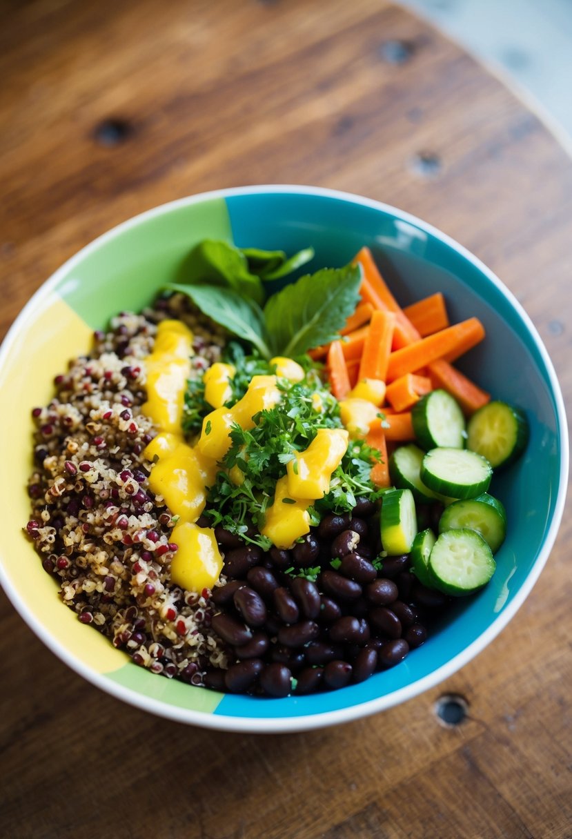 A colorful bowl filled with quinoa, black beans, and fresh vegetables, topped with a zesty dressing, sits on a wooden table