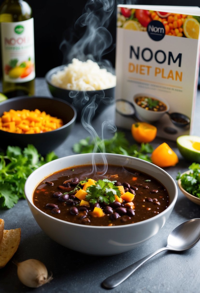 A steaming bowl of spicy black bean soup sits on a table, surrounded by fresh ingredients and a noom diet plan recipe book