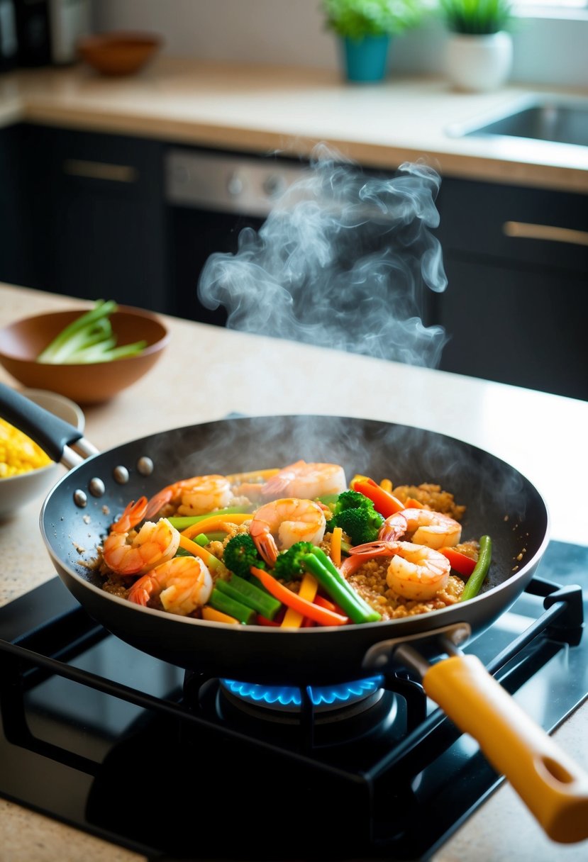 A sizzling stir-fry pan with spicy shrimp, colorful vegetables, and steaming rice on a kitchen counter