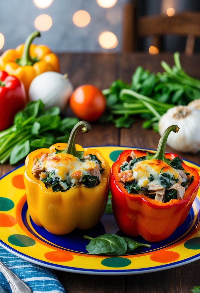 A colorful plate with stuffed peppers, filled with turkey and spinach, sits on a wooden table, surrounded by fresh ingredients