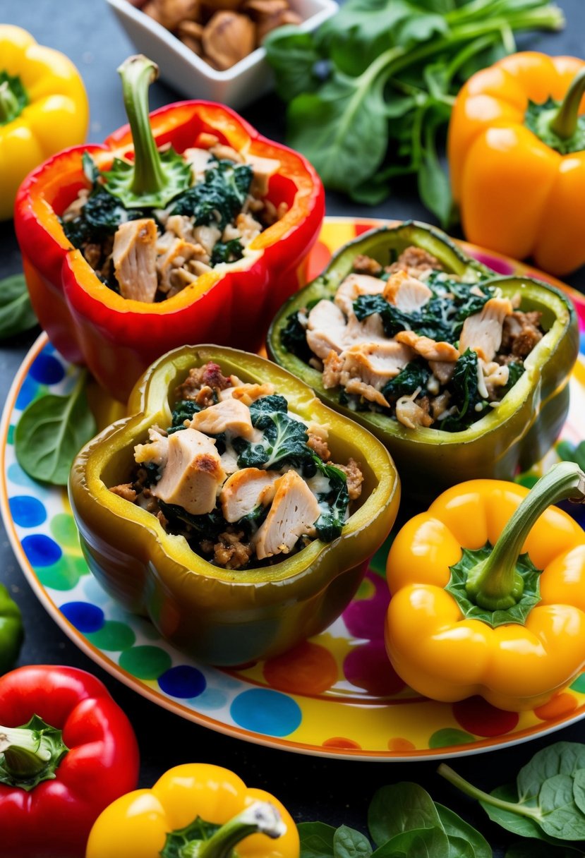 A colorful plate with stuffed peppers filled with turkey and spinach, surrounded by fresh ingredients