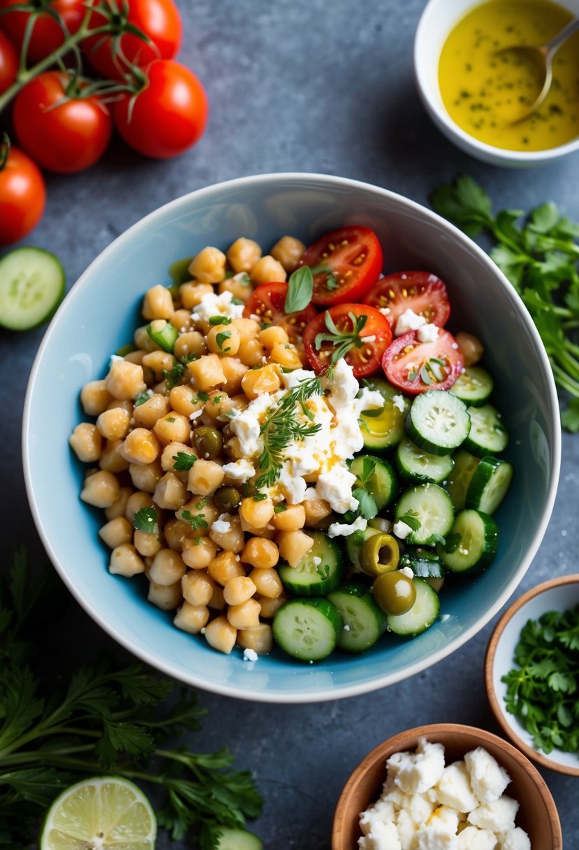 A colorful bowl filled with chickpeas, tomatoes, cucumbers, and olives, drizzled with olive oil and sprinkled with feta cheese and fresh herbs