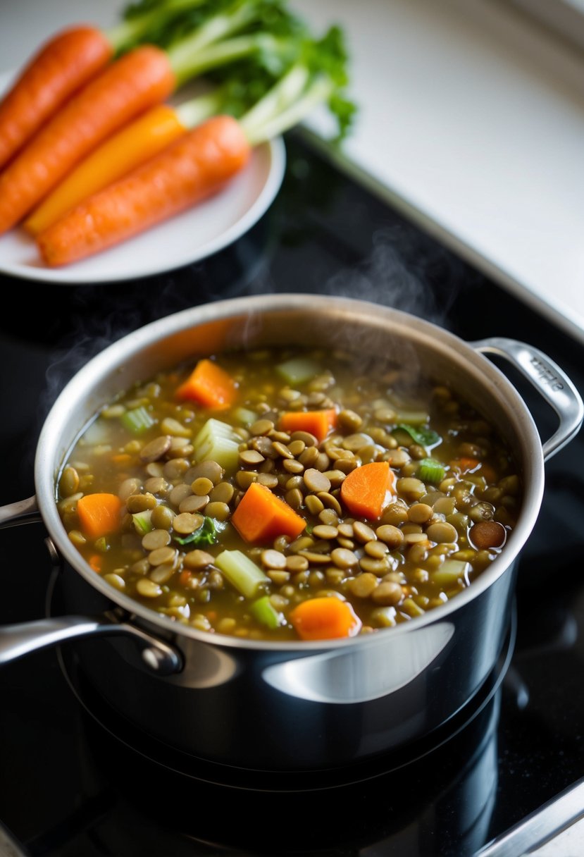 A pot of lentil and vegetable soup simmering on a stove. Ingredients like lentils, carrots, and celery are visible