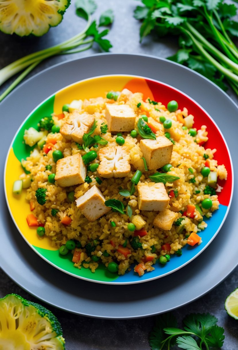 A colorful plate of cauliflower fried rice with tofu, surrounded by fresh vegetables and herbs, set on a modern table