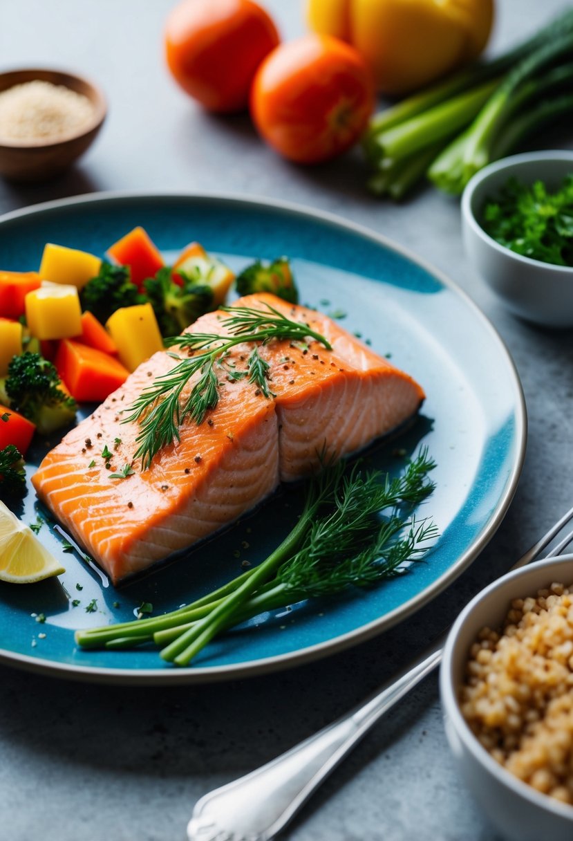 A plate of baked salmon with a sprig of dill, surrounded by colorful vegetables and a side of quinoa