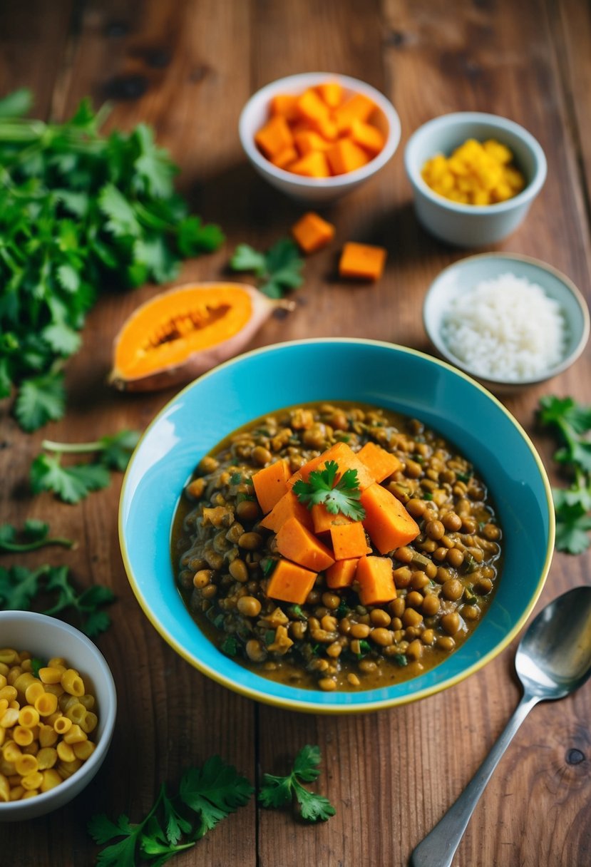 A colorful bowl of lentil and sweet potato curry surrounded by fresh ingredients on a wooden table