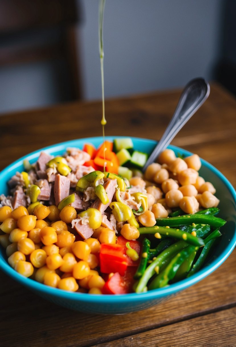 A colorful bowl filled with chickpeas, tuna, diced vegetables, and a drizzle of dressing, sitting on a wooden table