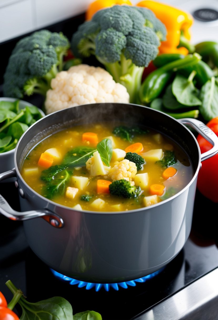 A pot of keto vegetable soup simmers on a stove, surrounded by fresh ingredients like broccoli, cauliflower, spinach, and bell peppers