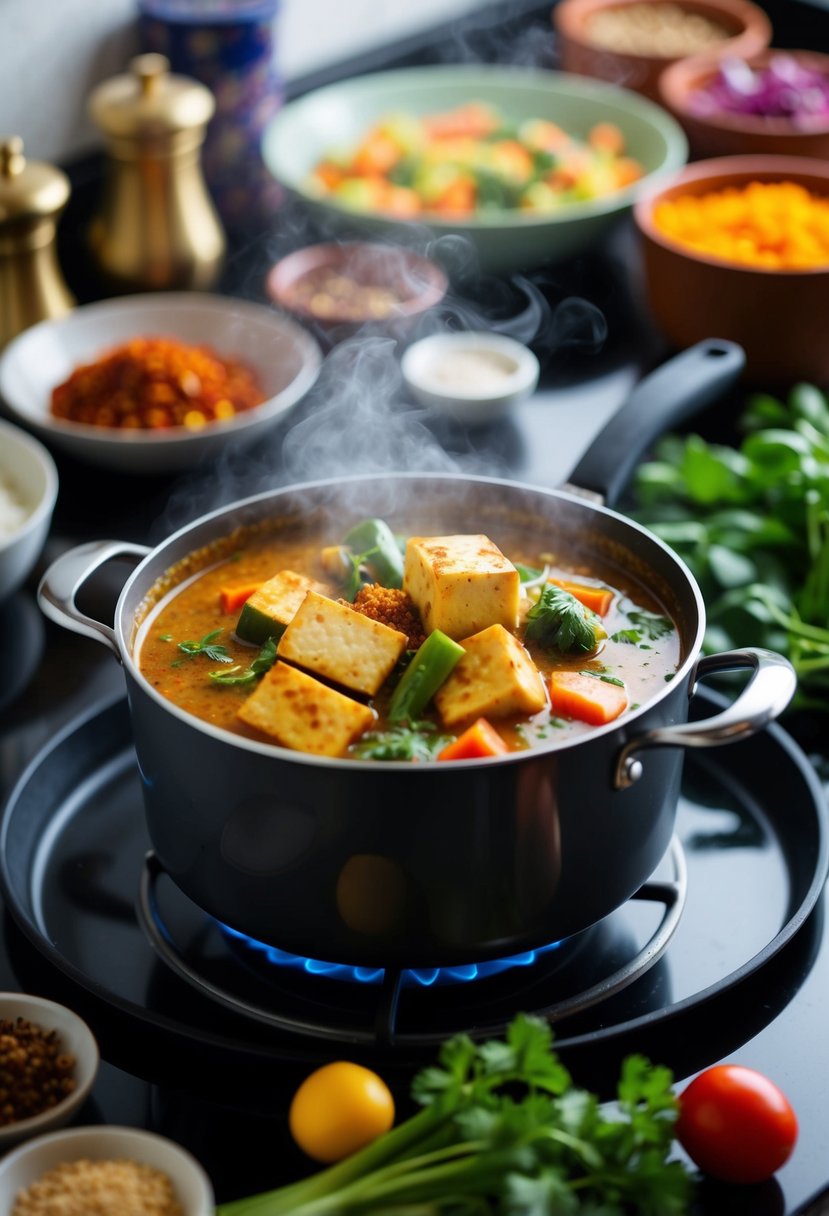 A steaming pot of tofu vegetable curry on a stovetop, surrounded by colorful ingredients and spices