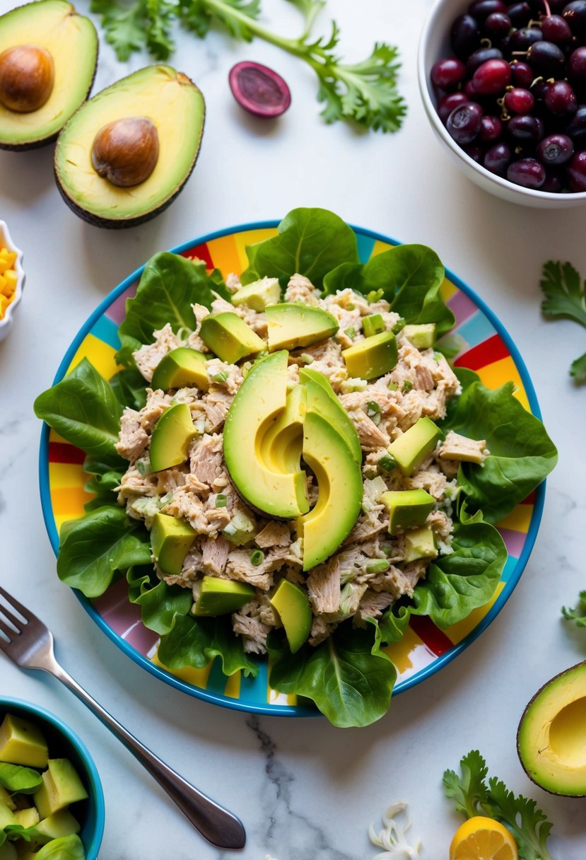 A colorful plate with avocado tuna salad on a bed of lettuce, surrounded by fresh ingredients