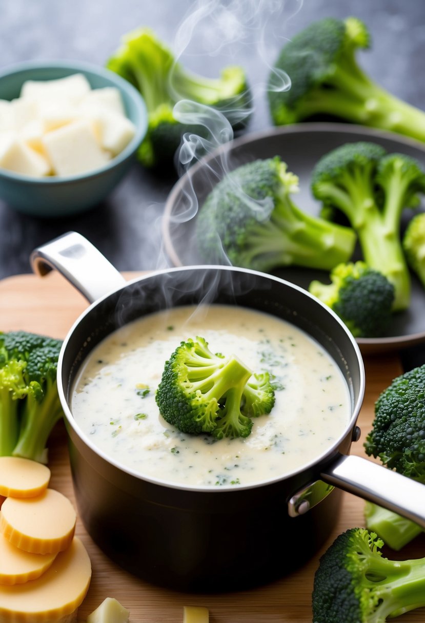 A steaming pot of creamy broccoli cheese soup surrounded by fresh broccoli florets and other keto-friendly vegetables