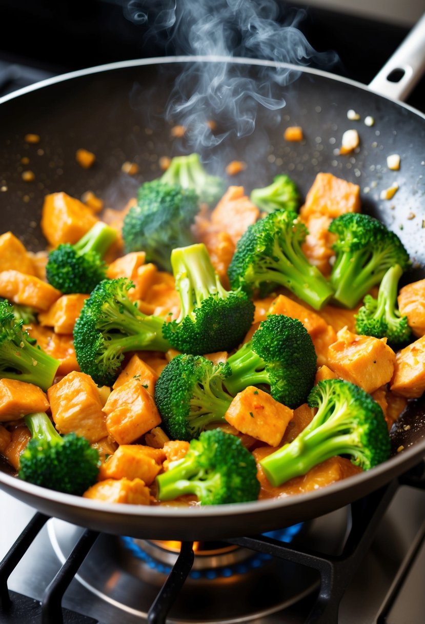 A sizzling wok filled with colorful broccoli florets, tender chunks of chicken, and a savory stir-fry sauce, emitting a mouthwatering aroma