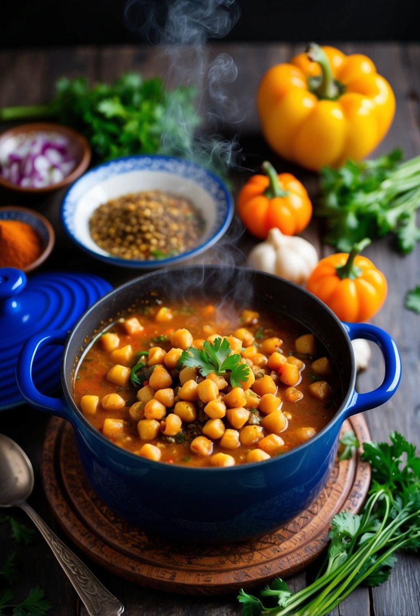 A steaming pot of Moroccan Chickpea Stew surrounded by colorful vegetables and aromatic spices on a rustic wooden table