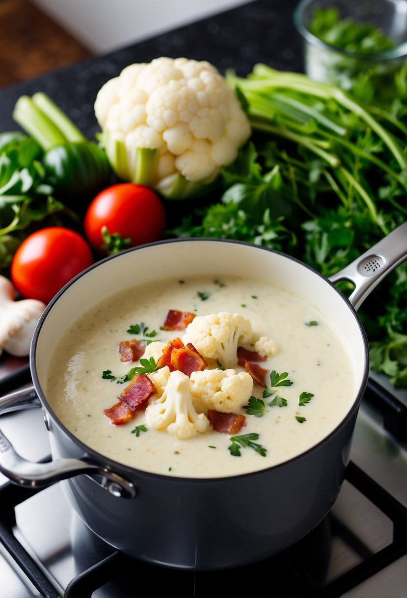 A pot of creamy cauliflower and bacon soup simmers on a stovetop, surrounded by fresh vegetables and herbs