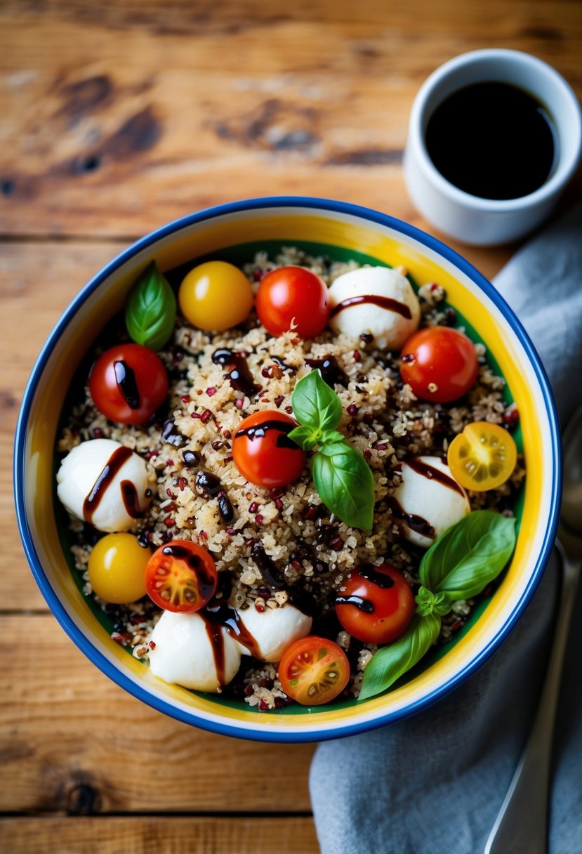 A colorful bowl filled with quinoa, cherry tomatoes, mozzarella, and fresh basil, drizzled with balsamic glaze, set on a wooden table